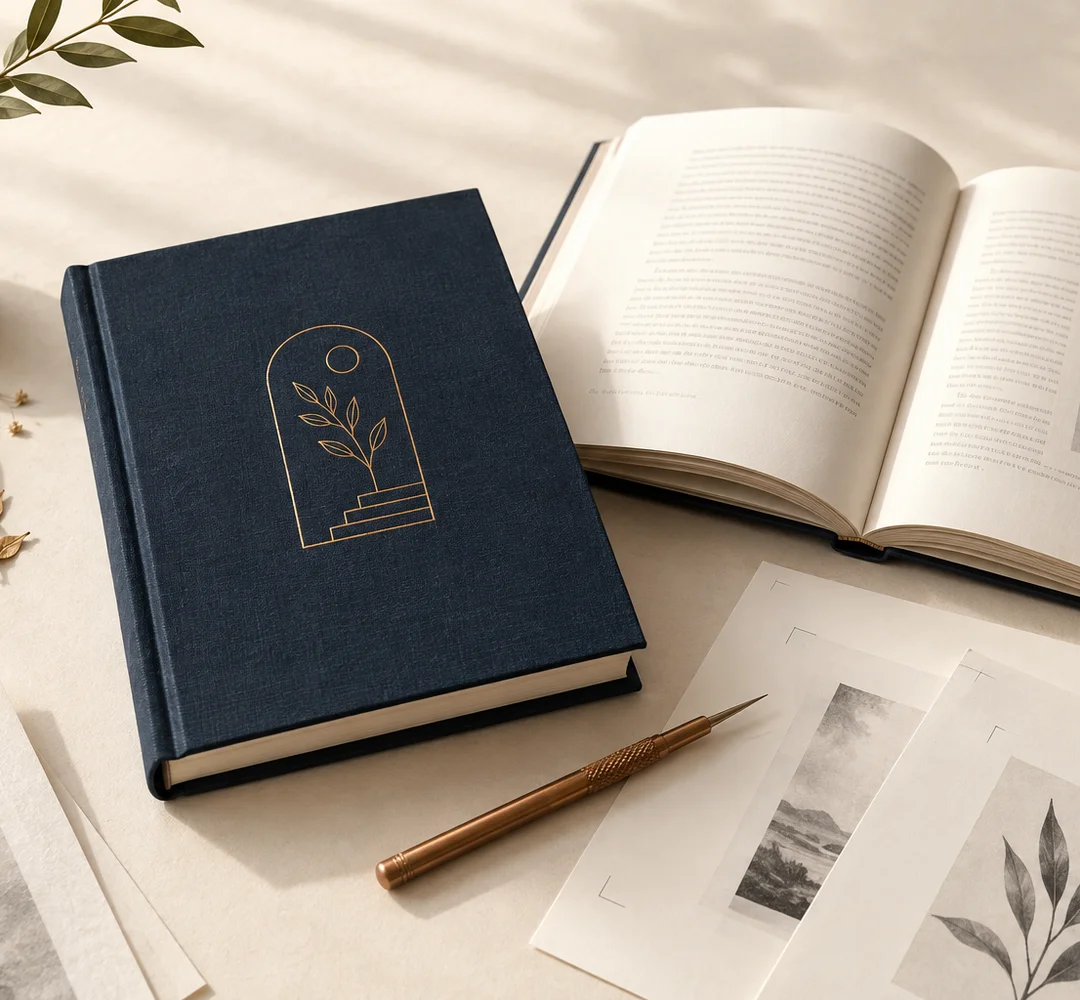 An ink-blue clothbound book beside an open reader proof and loose manuscript pages on a warm paper surface.